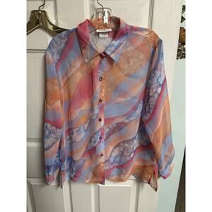 VTG Med 10 Sheer Pastel Rainbow Print Button Up Toni Marie USA 90s Y2k Abstract